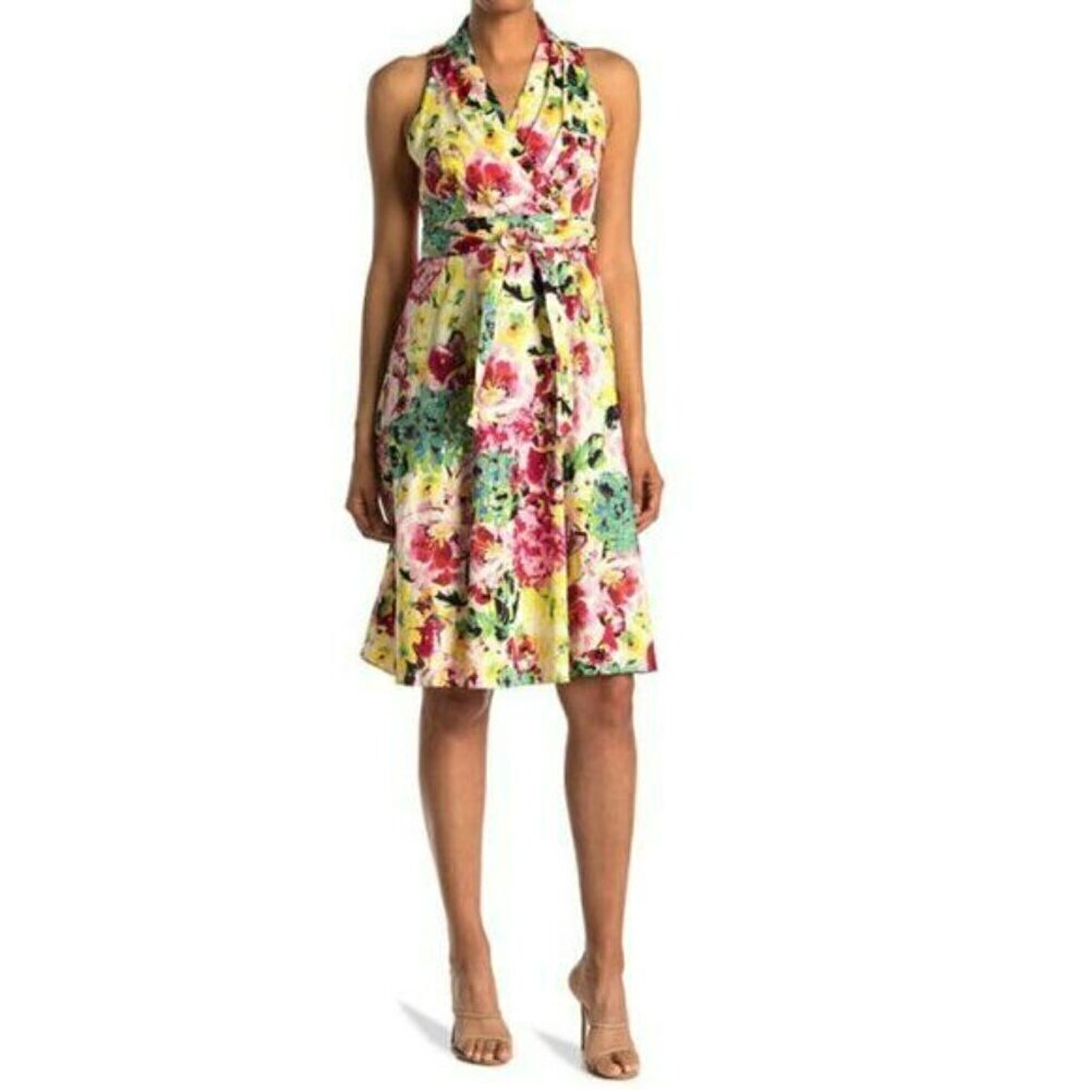 New!  London Times Women's Cotton Blend Floral Belted Fit & Flare Midi Dress - Picture 2 of 8